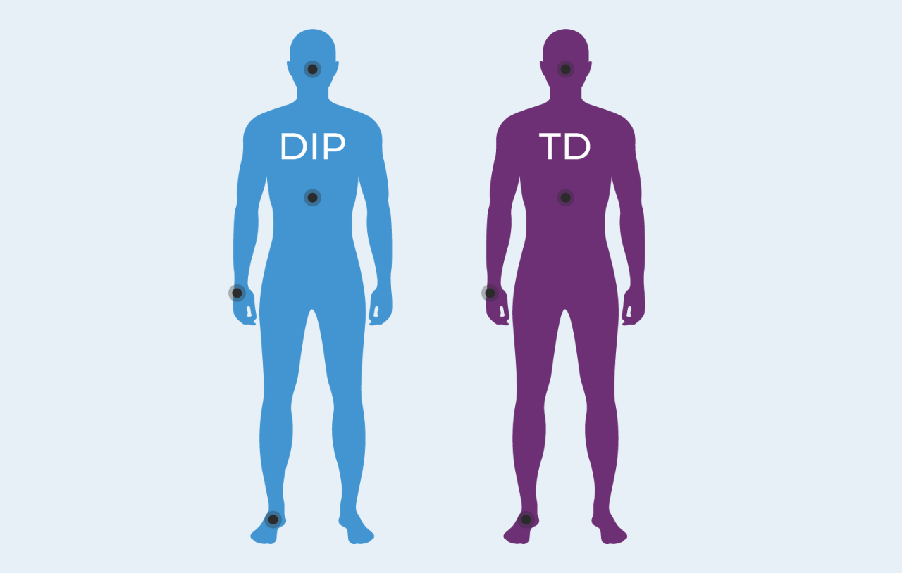 Two full-body silhouettes, one blue with “DIP” on the chest and one purple with “TD” on the chest.