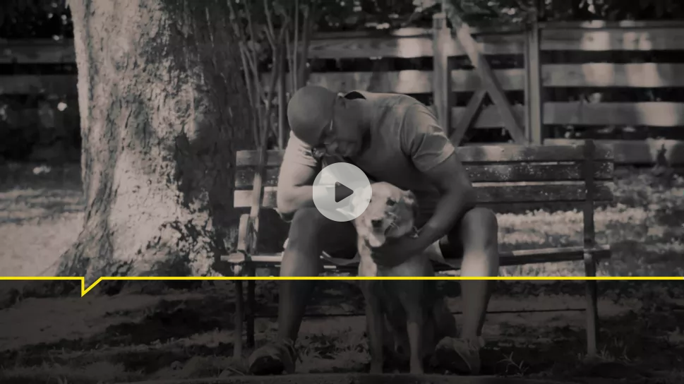 TD Patient Raven sitting on park bench petting his dog.